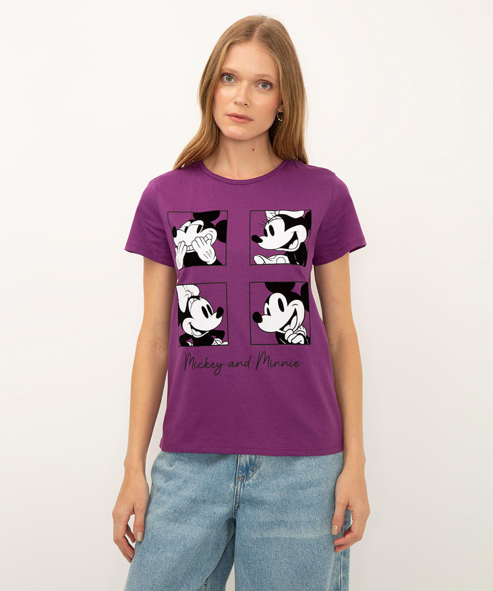 camiseta de algodão mickey e minnie mouse manga curta roxa