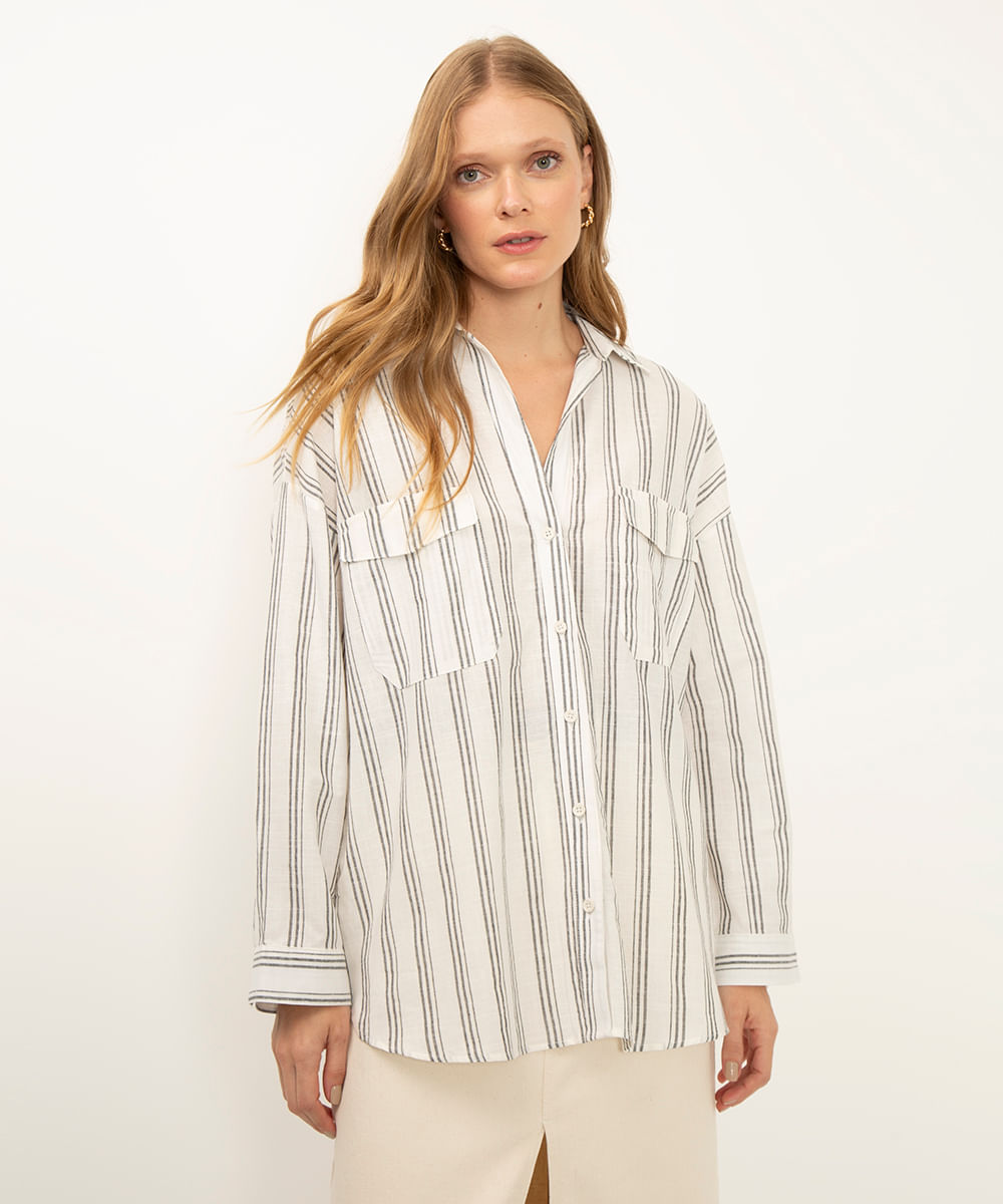 camisa oversized de algodão listrada off white