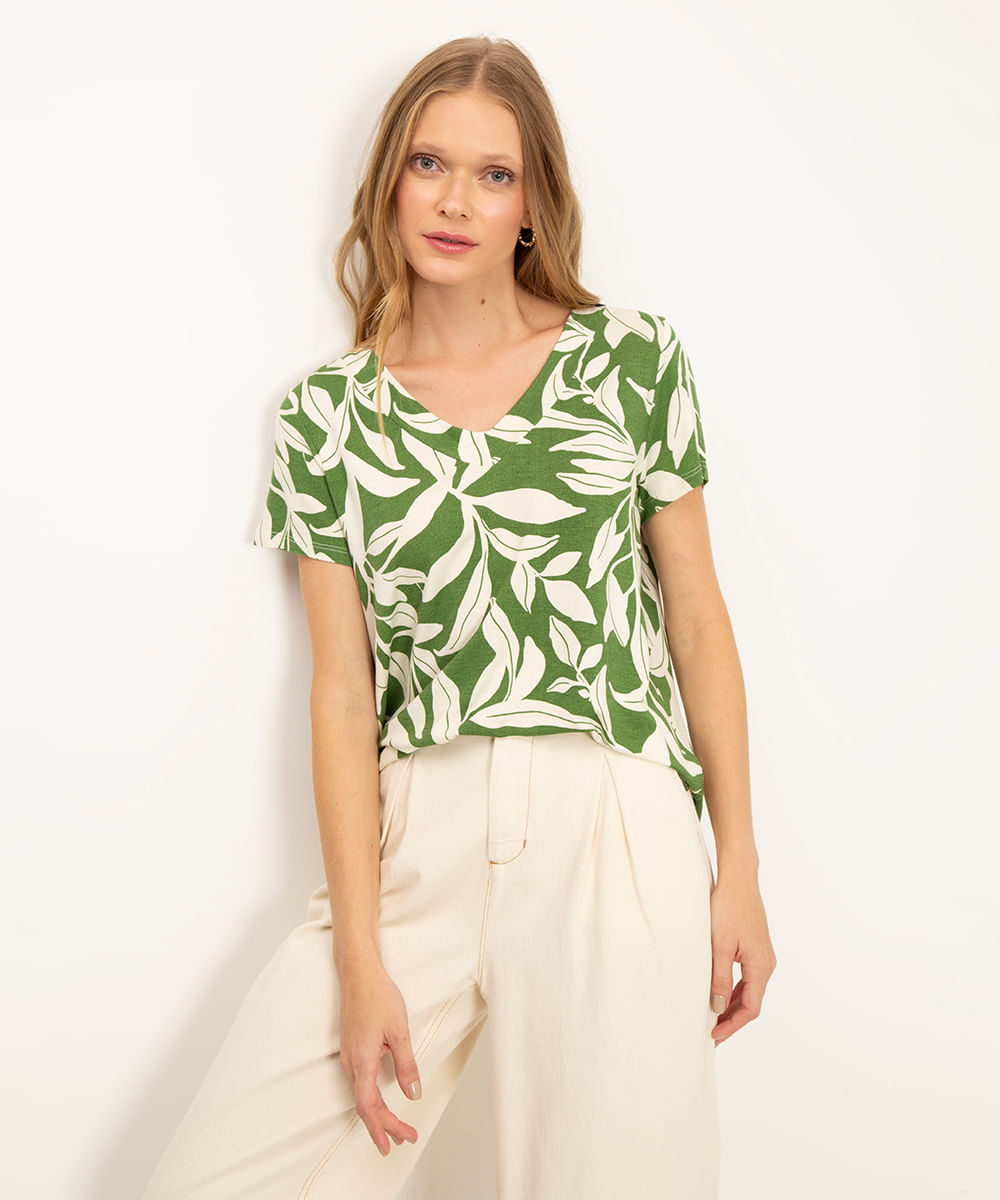 blusa de viscose folhas verde