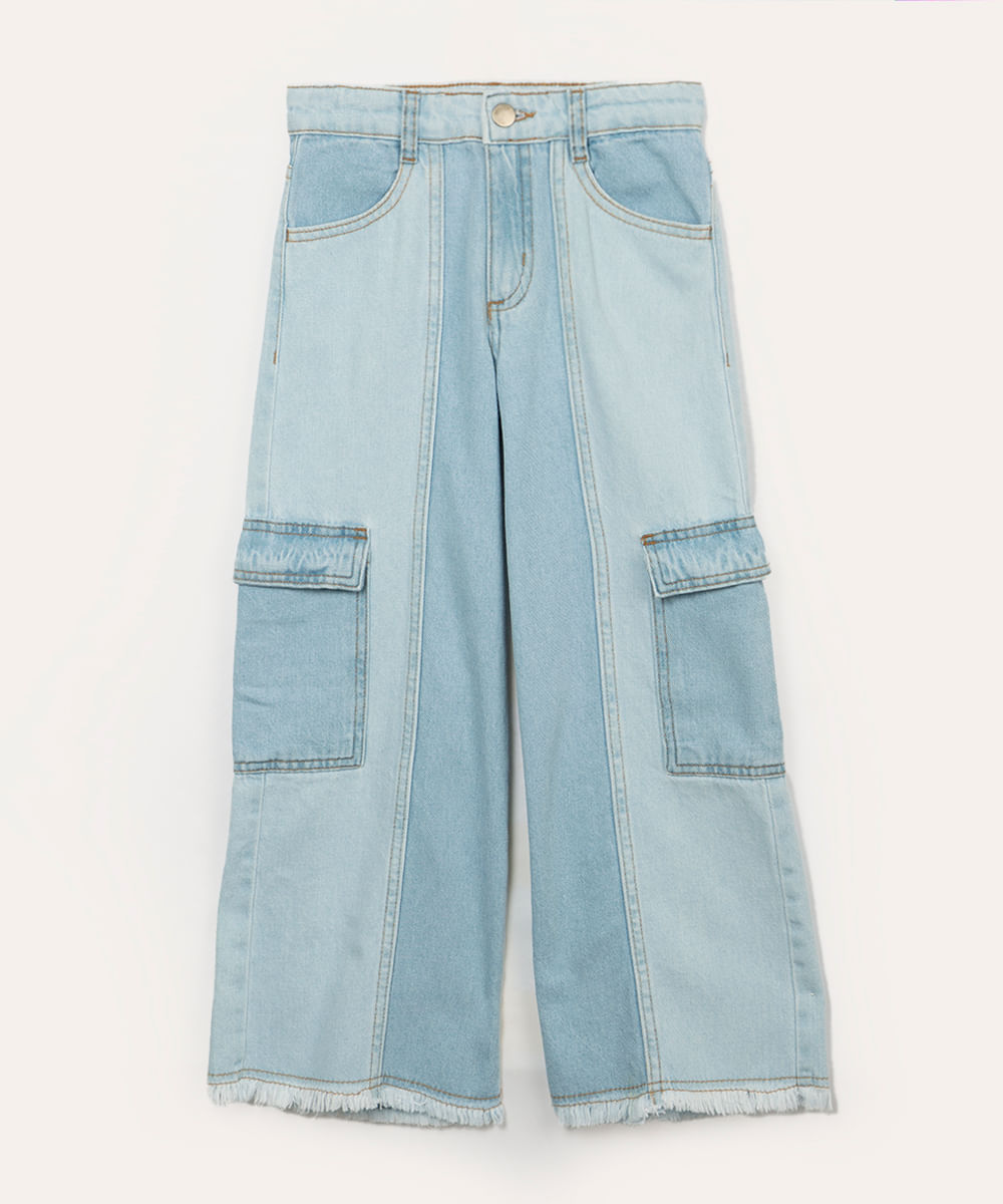 calça jeans wide leg infantil bicolor azul