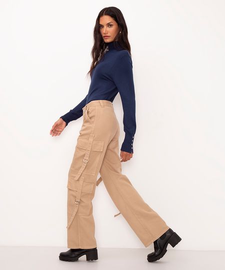 calça de sarja wide leg cargo cintura alta bege 34