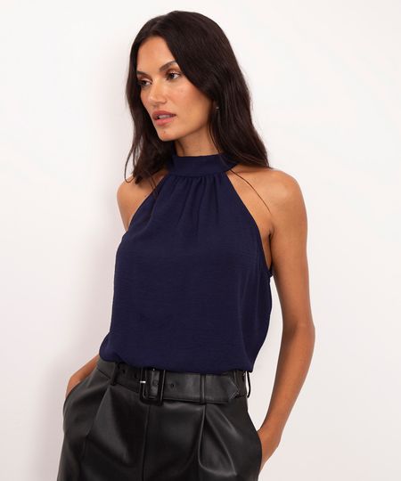 regata halter neck com botões azul marinho P