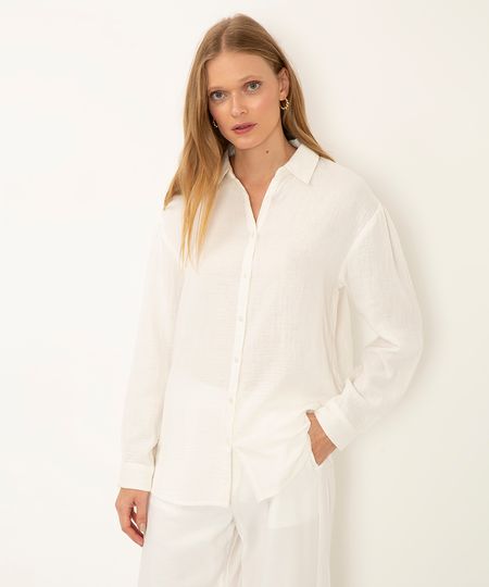 camisa de algodão texturizada manga longa off white M