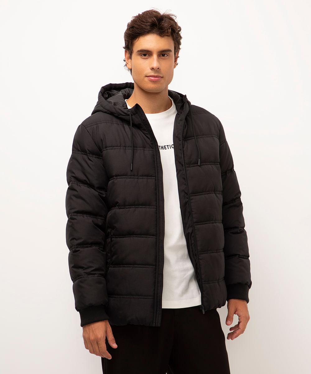 jaqueta puffer com capuz preto