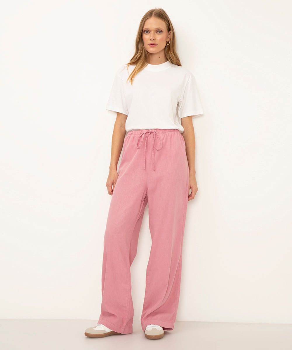 calça reta de viscose cintura alta com elástico rosa