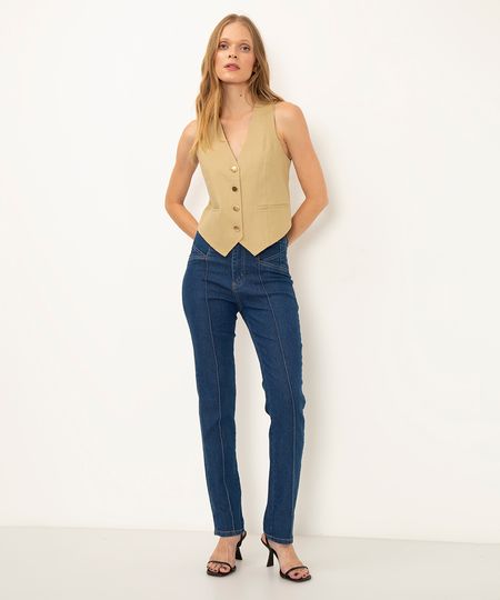 calça jeans reta cintura alta azul 36