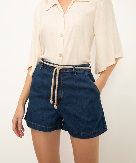 short jeans cintura alta com cordão azul 34