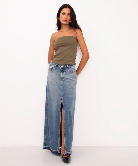 saia jeans longa cintura alta com fenda azul 34