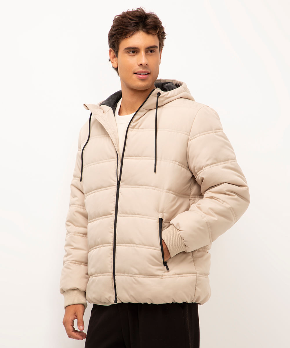 jaqueta puffer com capuz bege