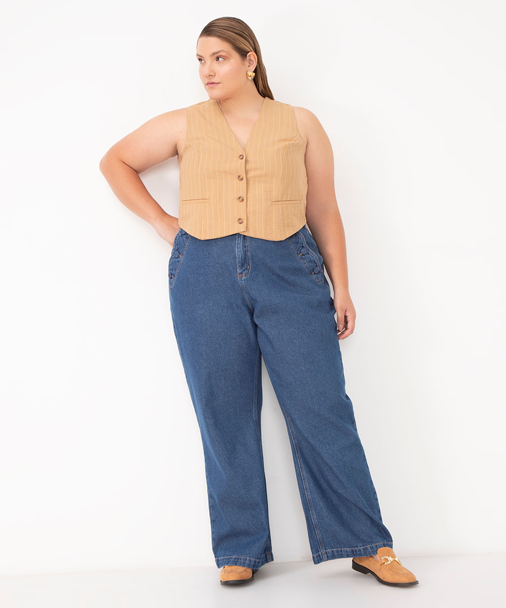 calça jeans reta plus size azul