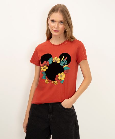camiseta mickey flores manga curta terracota G