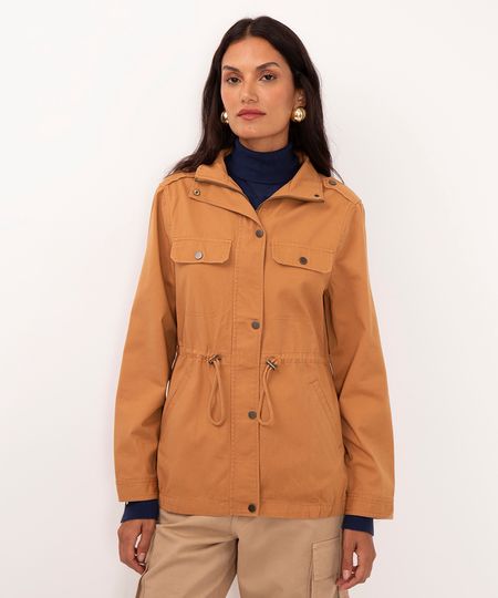 jaqueta parka de sarja com bolsos - marrom P jaqueta parka de sarja com bolsos - marrom P