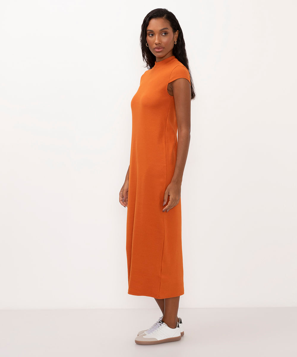 vestido midi de algodão canelado básico laranja escuro