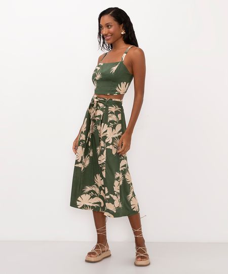 saia midi de viscose folhagens cintura alta verde 36