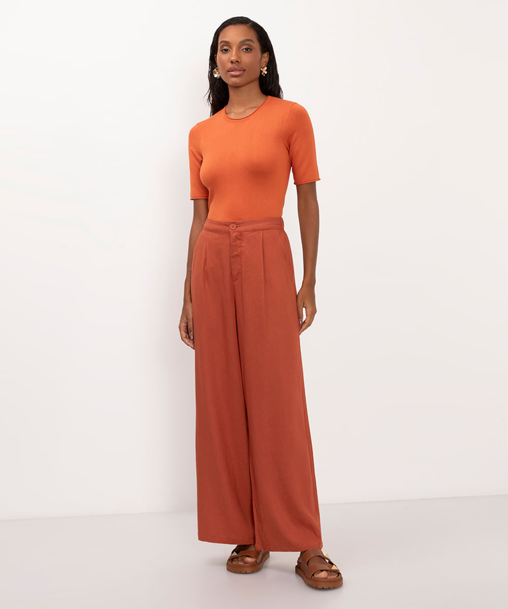 calça wide leg de viscose cintura alta laranja