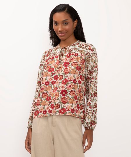bata de viscose floral manga longa bege P