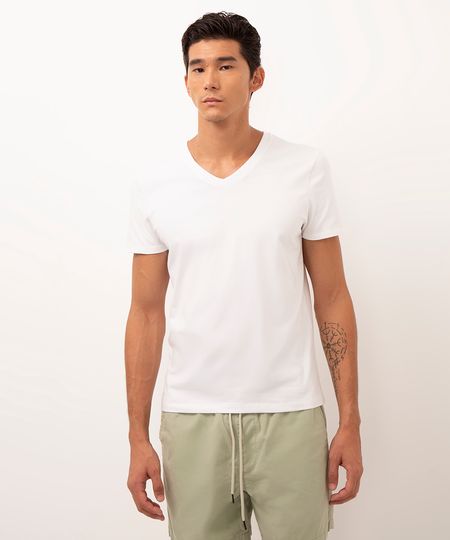 camiseta de algodão gola v - branco PP