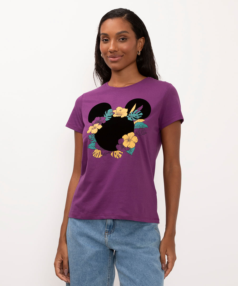 camiseta mickey flores manga curta roxo