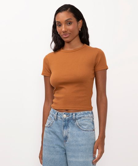 blusa de algodão canelada manga curta - marrom medio M blusa de algodão canelada manga curta - marrom medio M