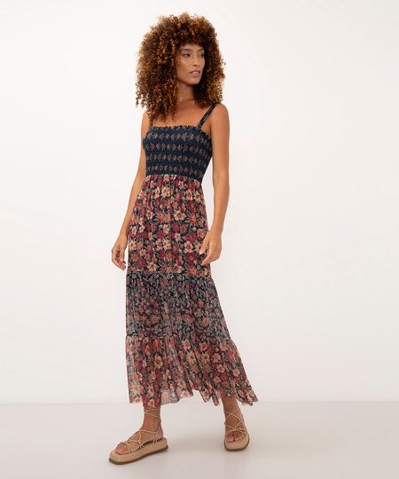 vestido longo de tule floral azul marinho G