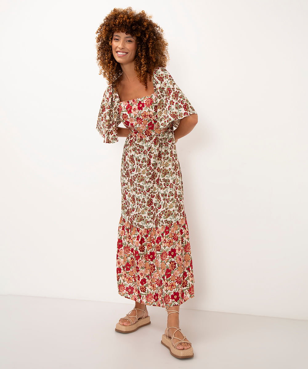 vestido longo de viscose floral bege