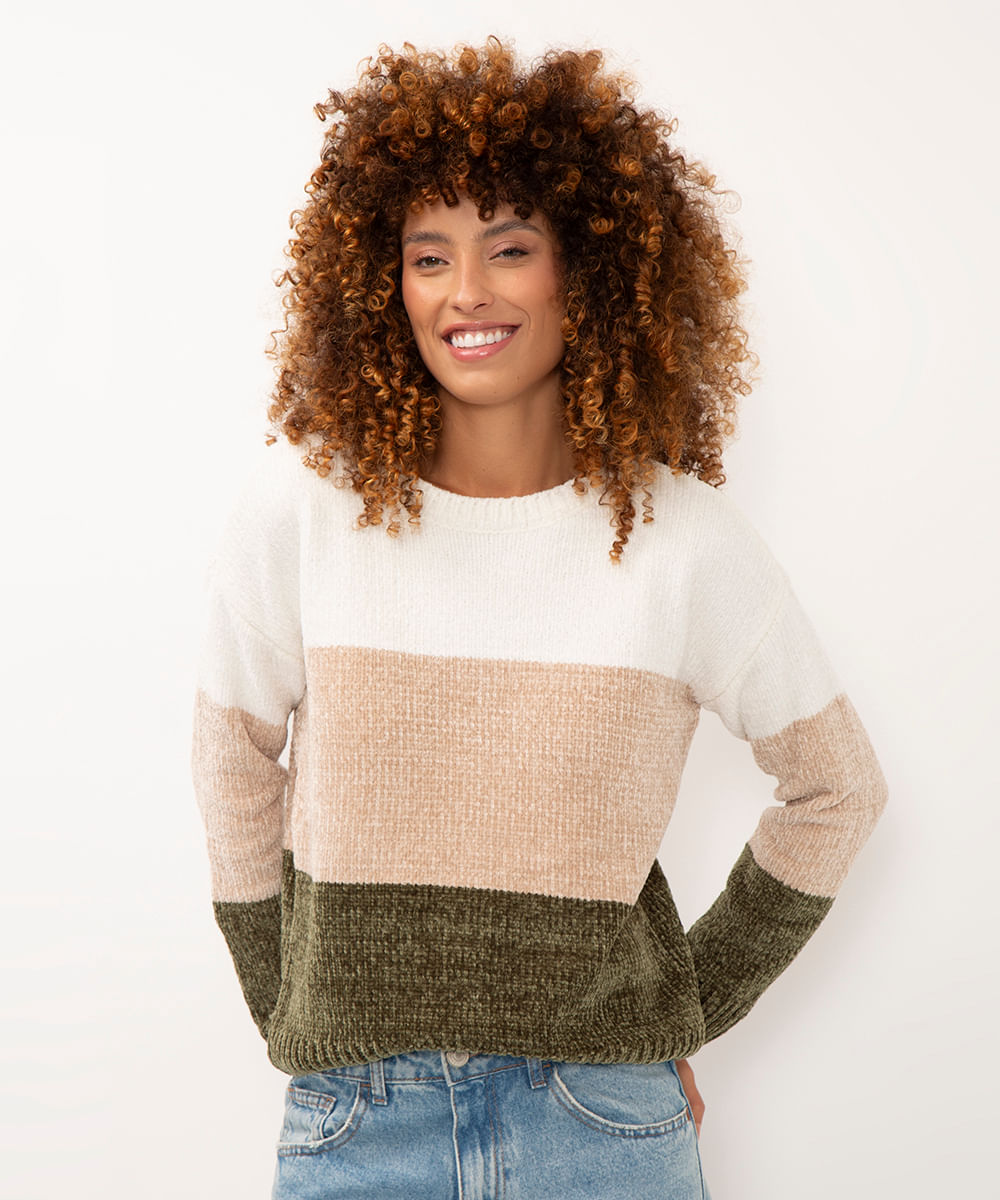 suéter de tricot chenille listrado off white