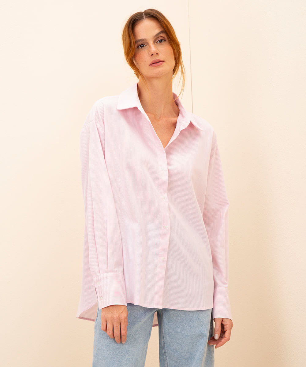 camisa listrada manga longa mindset rosa