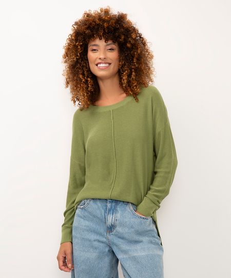 suéter de tricot recorte manga longa verde claro M