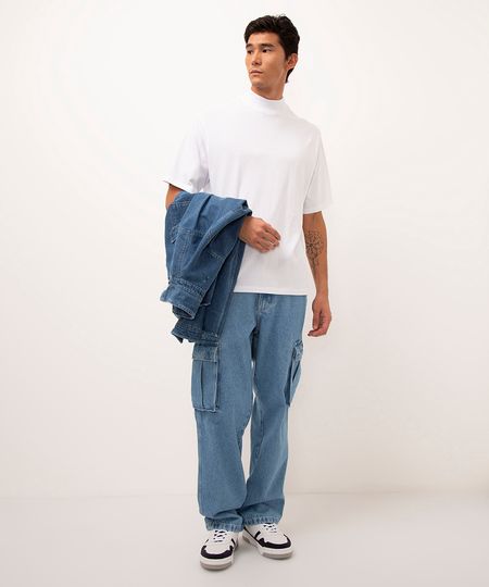 calça jeans wide leg cargo azul médio 40