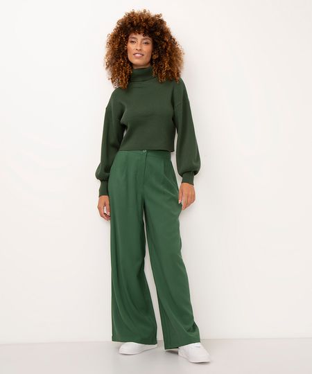 calça wide leg de viscose cintura alta com elástico - verde escuro 36 calça wide leg de viscose cintura alta com elástico - verde escuro 36