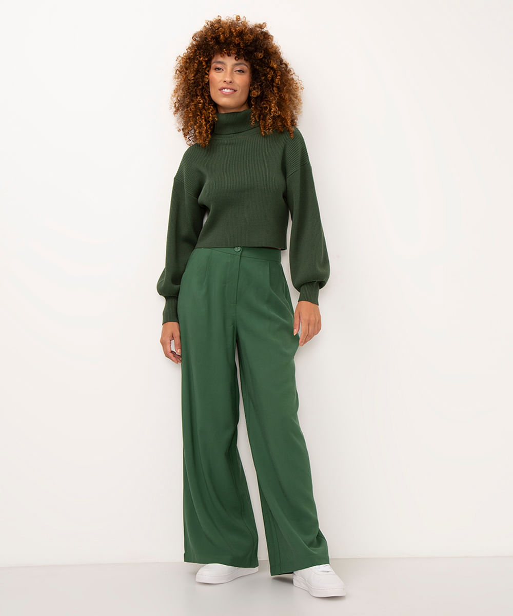 calça wide leg de viscose cintura alta com elástico - verde escuro