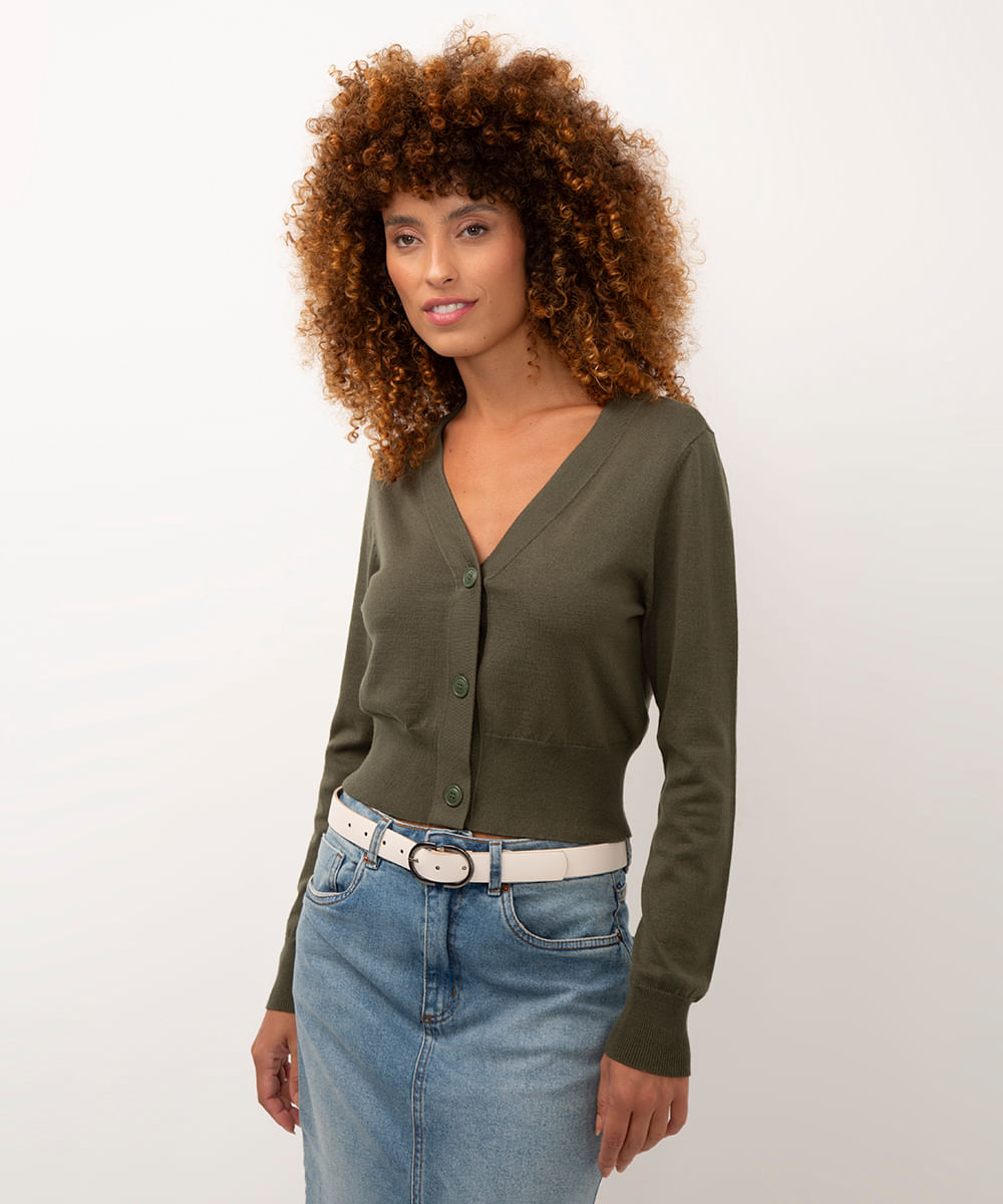 cardigan de tricô cropped manga longa verde escuro