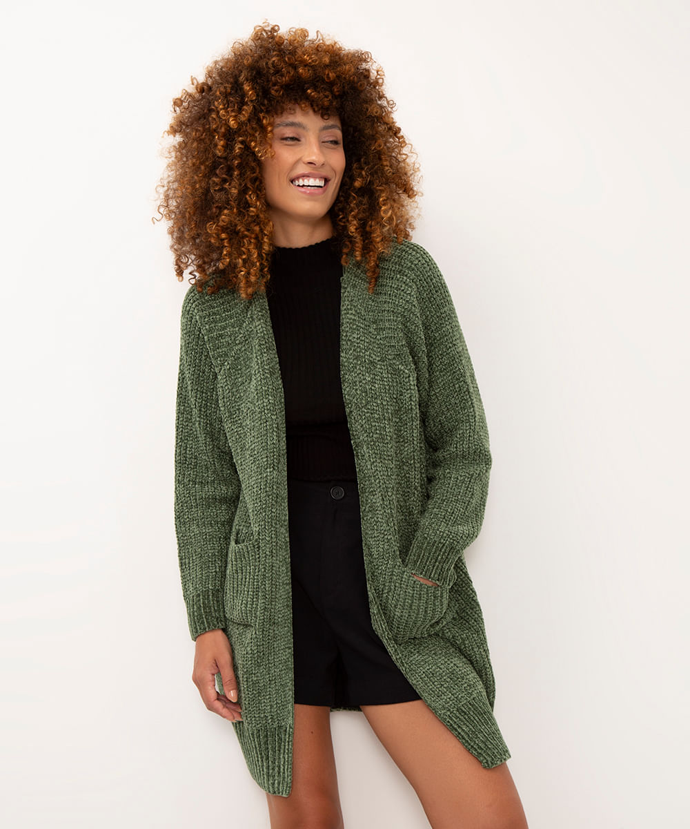 cardigan de tricô chenille com bolsos verde militar