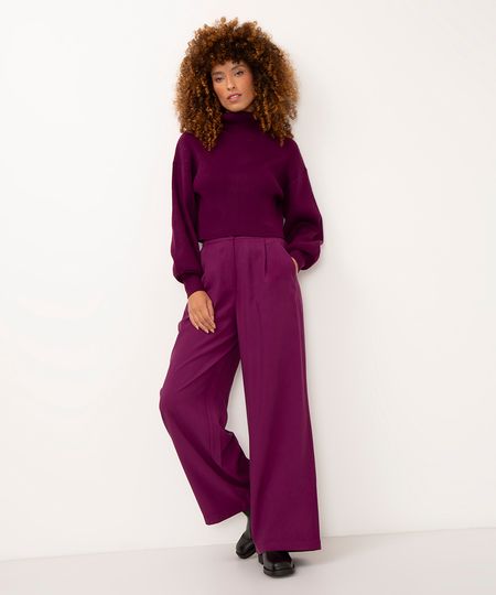 calça wide leg de viscose cintura alta com elástico - roxo uva 38