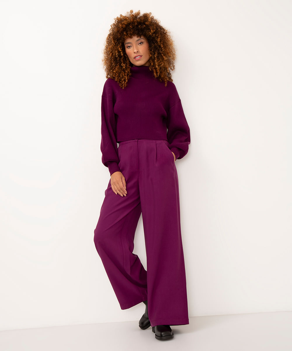 calça wide leg de viscose cintura alta com elástico roxa