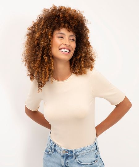 blusa de tricot manga curta bege claro G