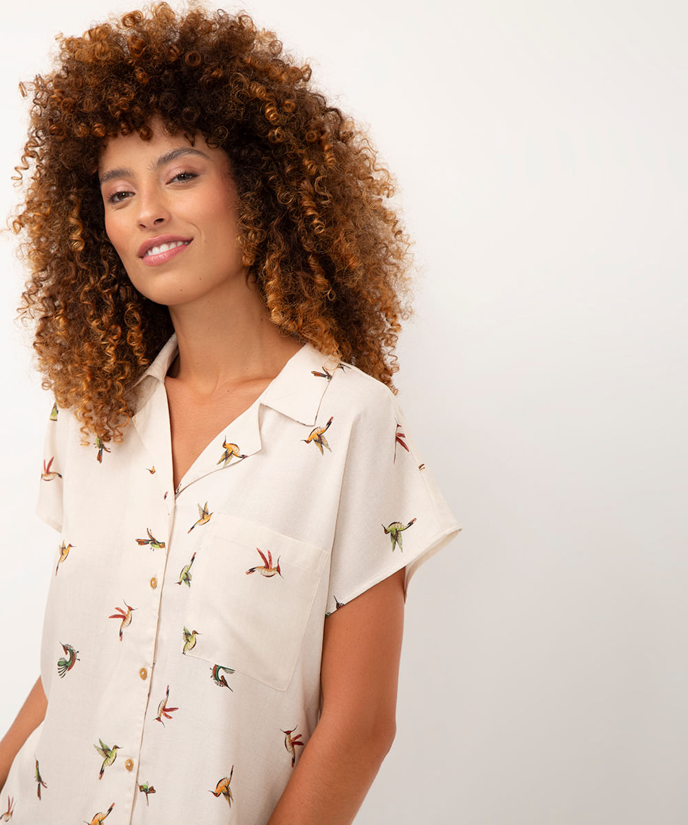 camisa de viscose pássaros off white