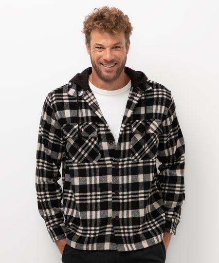 jaqueta polar xadrez com capuz preto M