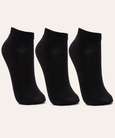 kit de 3 pares de meias cano baixo atoalhada preto 34-39