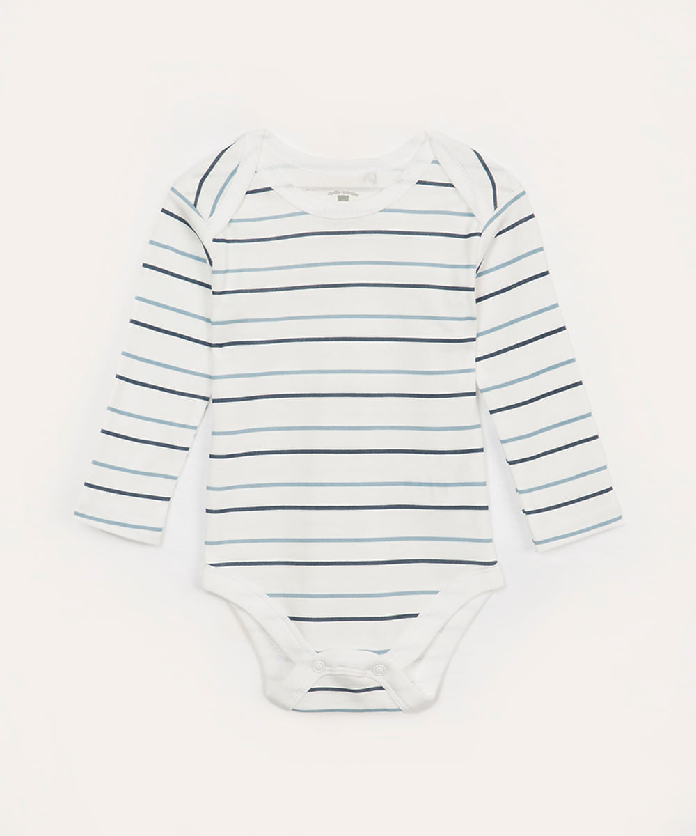 body infantil de algodão manga longa listrado off white