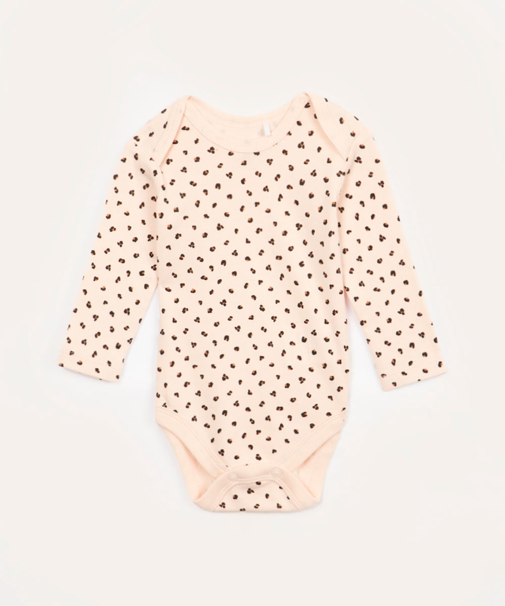 body infantil de algodão manga longa animal print rosa