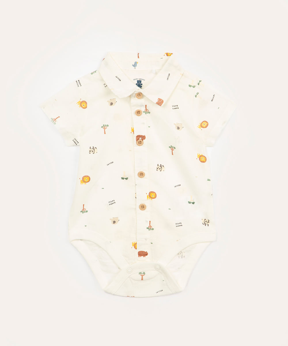 body infantil manga curta bichinhos off white