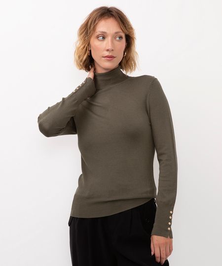 blusa gola alta manga longa botões - verde militar P