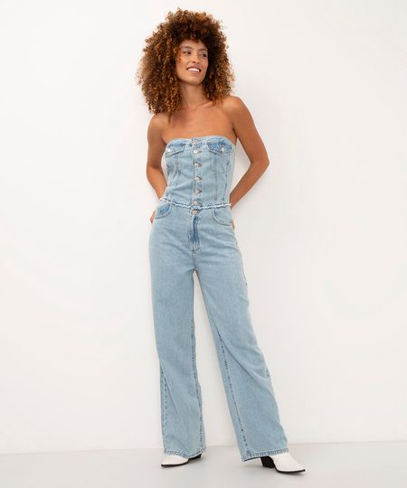 macacão jeans sem alça azul claro P