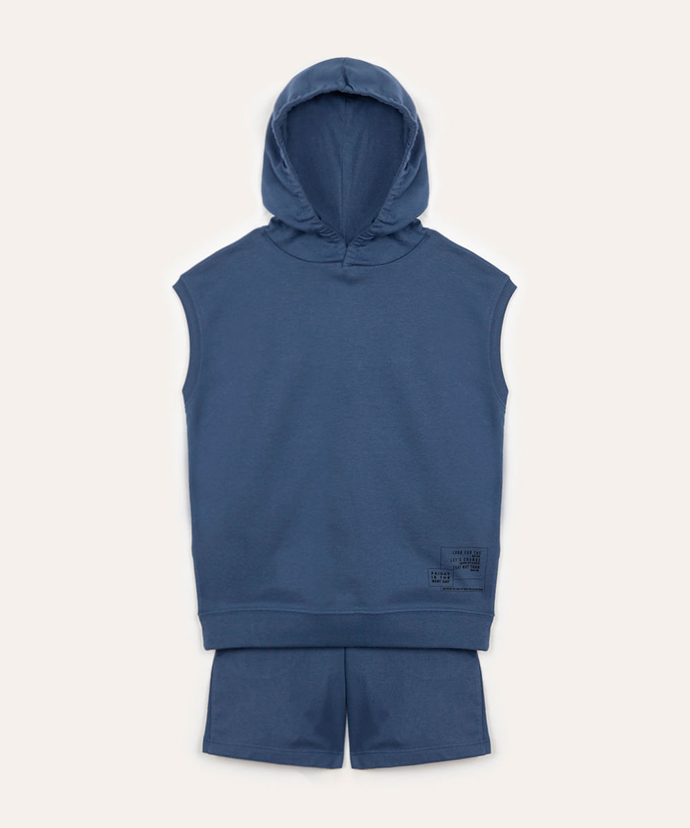 conjunto de moletom infantil regata com capuz azul