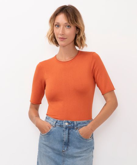 blusa de tricot manga curta terracota PP blusa de tricot manga curta terracota PP