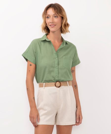 camisa de algodão com bolso manga curta verde claro PP