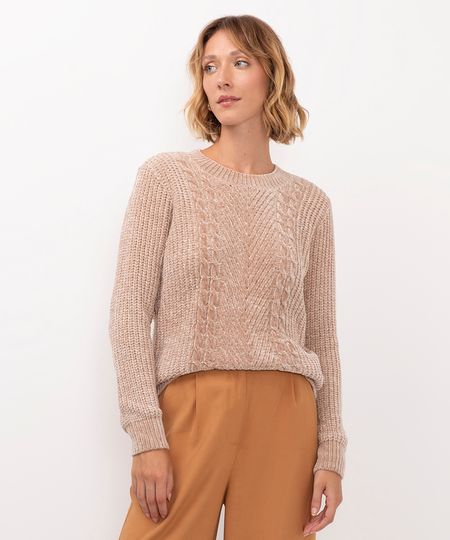suéter de tricot chenille texturizado - areia M suéter de tricot chenille texturizado - areia M