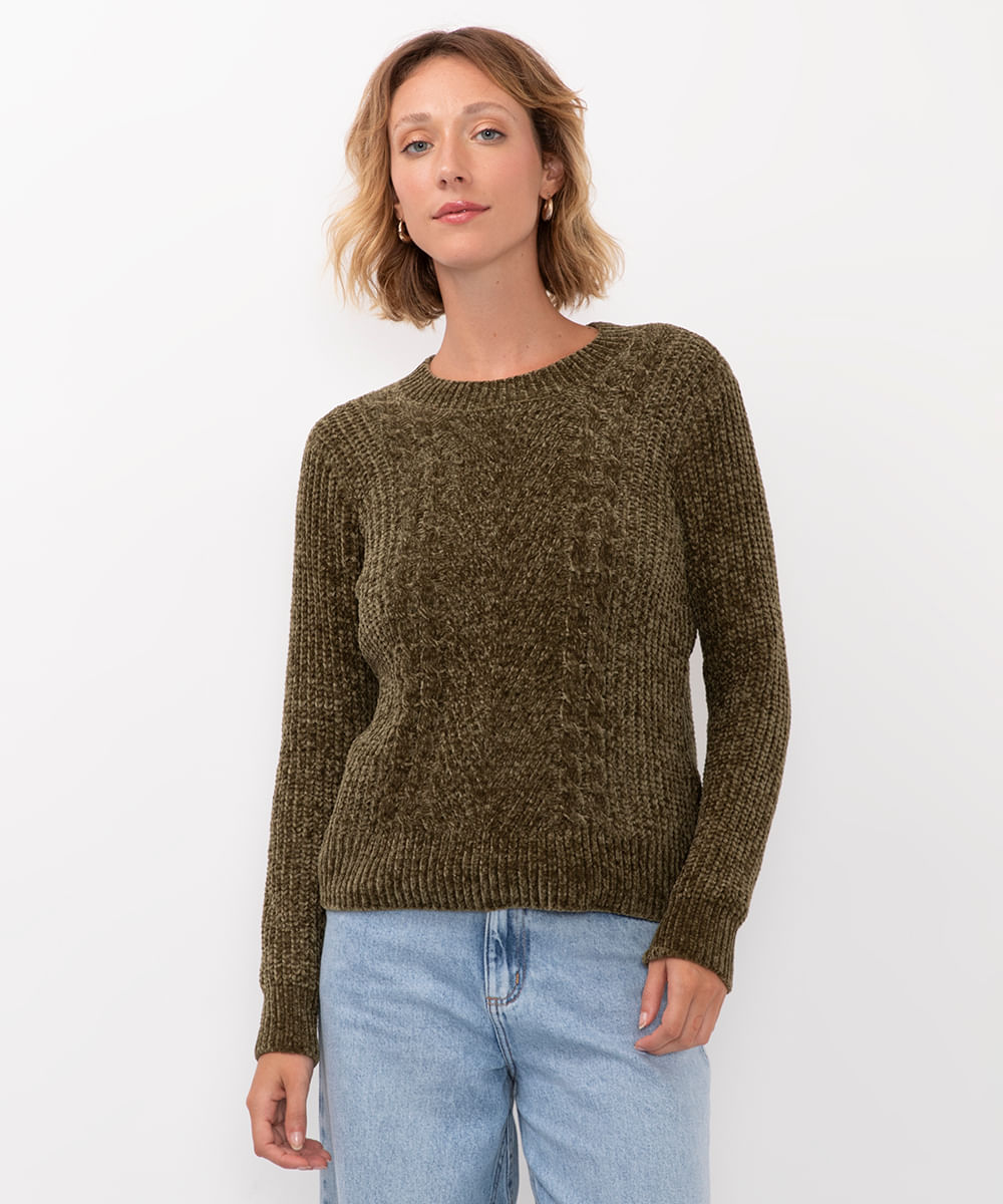 suéter de tricot chenille texturizado - verde escuro