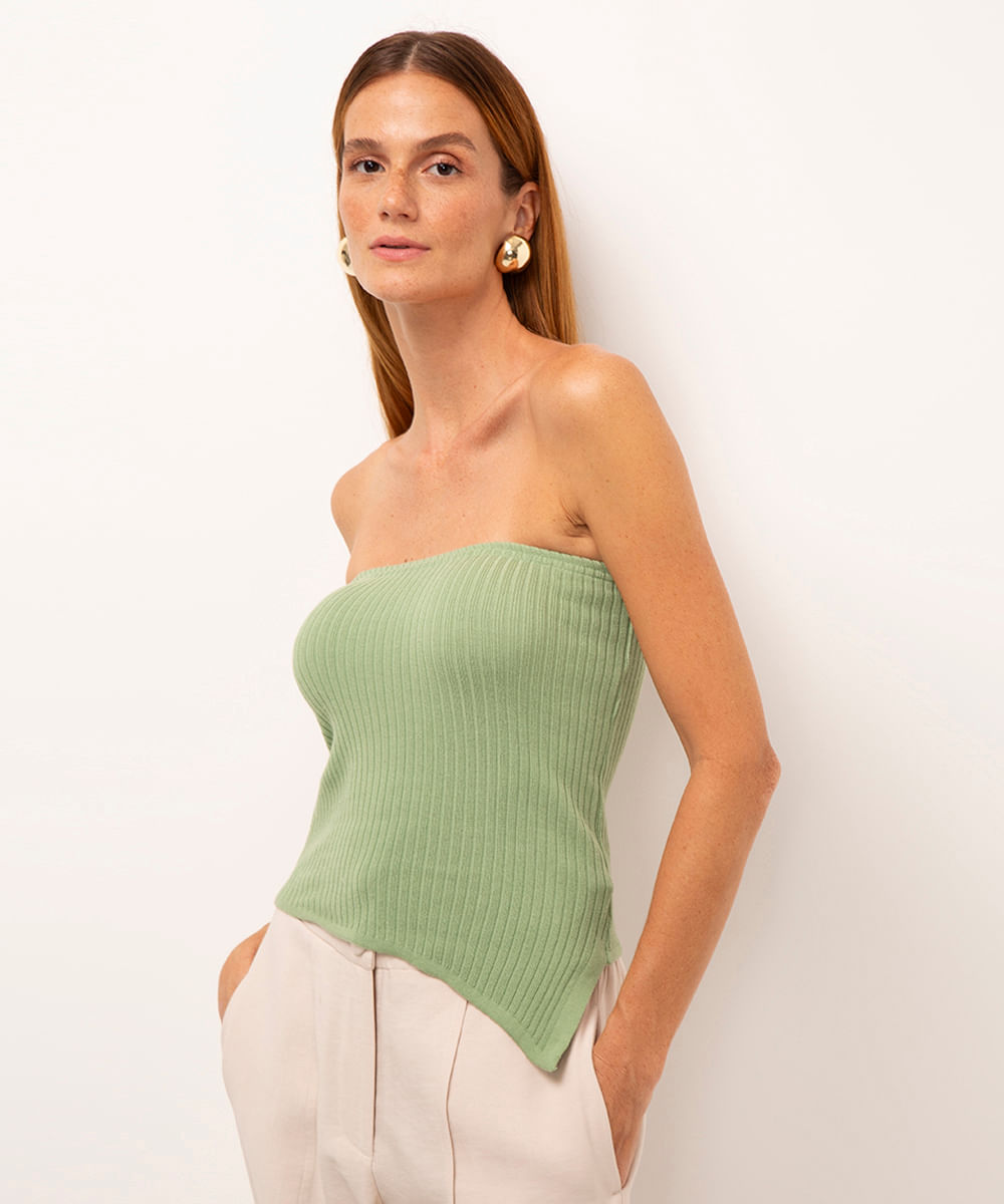 blusa sem alça de tricot assimétrica verde